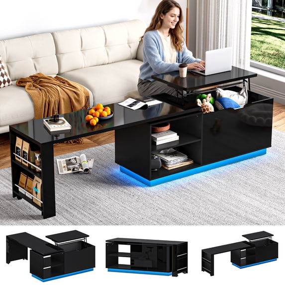 ANPOO 360°High Gloss Rotating Lift Top Coffee Table with LED Light, Modern Extendable Coffee Table with Hydraulic Lifter, Hidden Storage & Open Shelves, Multi-Functional Center Table for Living Room