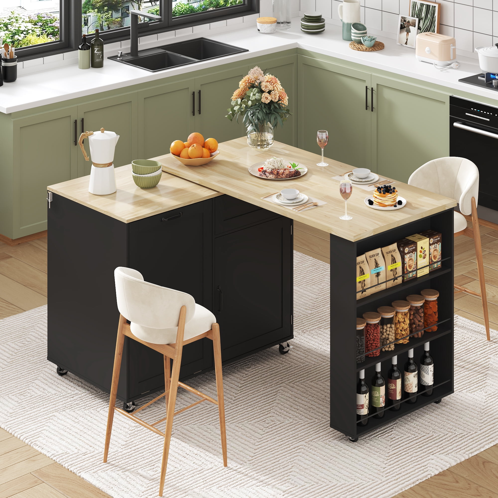 Tilt Kitchen ANPOO 360° Rotating Rolling Kitchen Island Cart with Tilt-Out Trash Bin ...