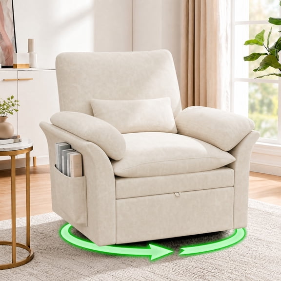 ANPOO 360° Swivel Recliner Deep Seat Sofa Single Swivel Rocker Recliner with Hidden Storage Place & Adjustable Back Swivel Accent Chair with Two Arm Pillows,Sheneyne Beige