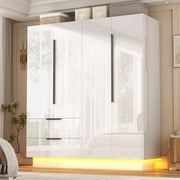 ANPOO 4 Door Wardrobe Closet with 2 Drawers & Mirror, 70"H High Gloss LED Wardrobe Armoire with Hanging Rod, Wooden Large Freestanding Storage Wardrobe for Bedr