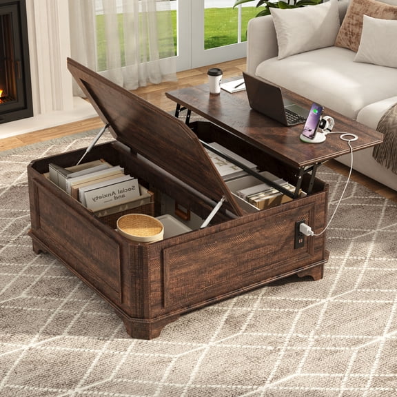 ANPOO 40" Farmhouse Lift Top Coffee Table with Charging Station, Square Wood Center Table with Large Hidden Storage Compartment for Living Room