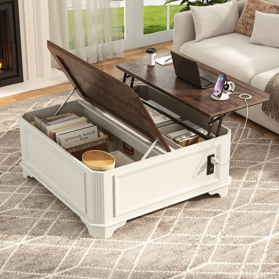 Anpoo 40.2 in Farmhouse Lift Top Coffee Table with Charging Station, Square Wood Center Table, White