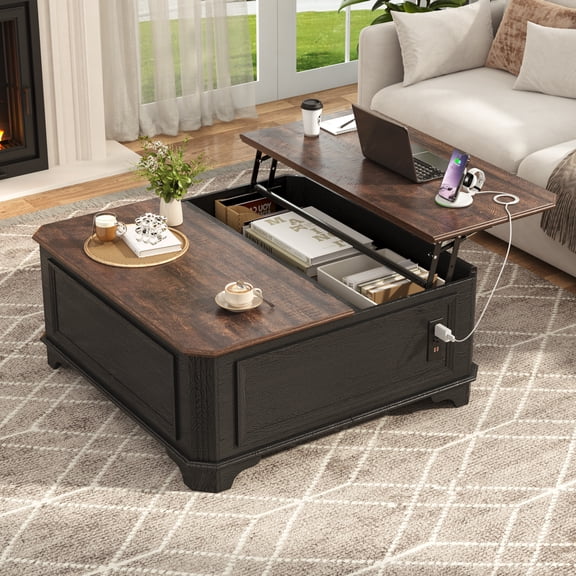 ANPOO 40" Farmhouse Lift Top Coffee Table with Charging Station, Square Wood Center Table with Large Hidden Storage Compartment for Living Room