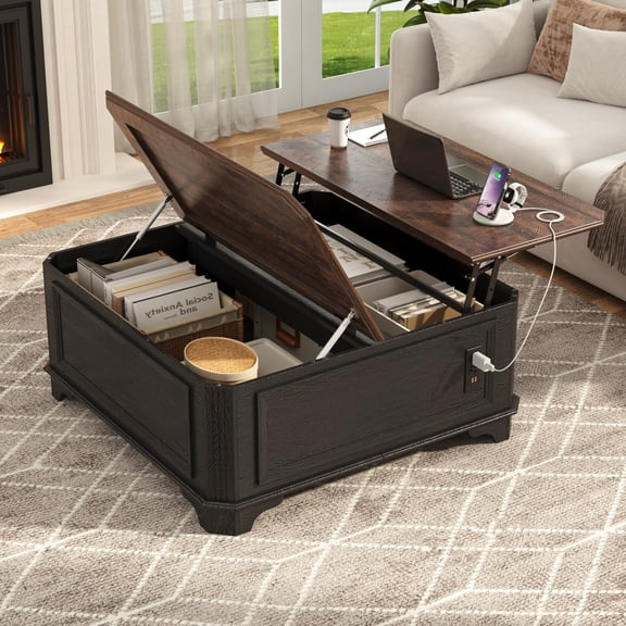 ANPOO 40" Farmhouse Lift Top Coffee Table with Charging Station, Square Wood Center Table with Large Hidden Storage Compartment for Living Room