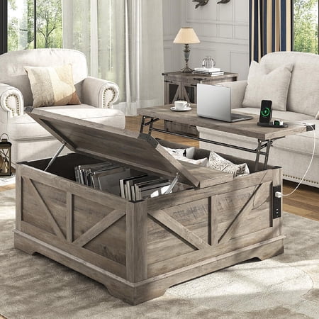 ANPOO 40" Large Farmhouse Lift Top Coffee Table with Power Outlets and Large Hidden Storage, Square Wood Living Room Tables, Multi-Function Lift Wooden Barn Door Center Table, Grey