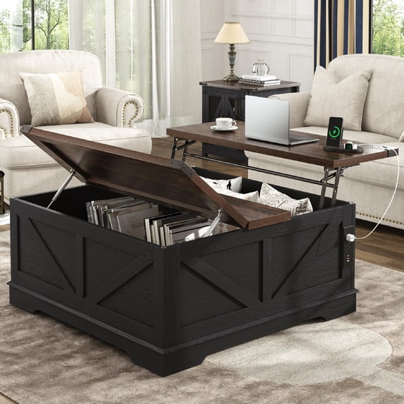 ANPOO 40" Large Farmhouse Lift Top Coffee Table with Power Outlets and Large Hidden Storage, Square Wood Living Room Tables, Multi-Function Lift Wooden Barn Door Center Table, Black