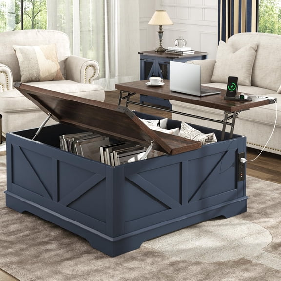 ANPOO 40" Large Farmhouse Lift Top Coffee Table with Power Outlets and Large Hidden Storage, Square Wood Living Room Tables, Multi-Function Lift Wooden Barn Door Center Table, Black