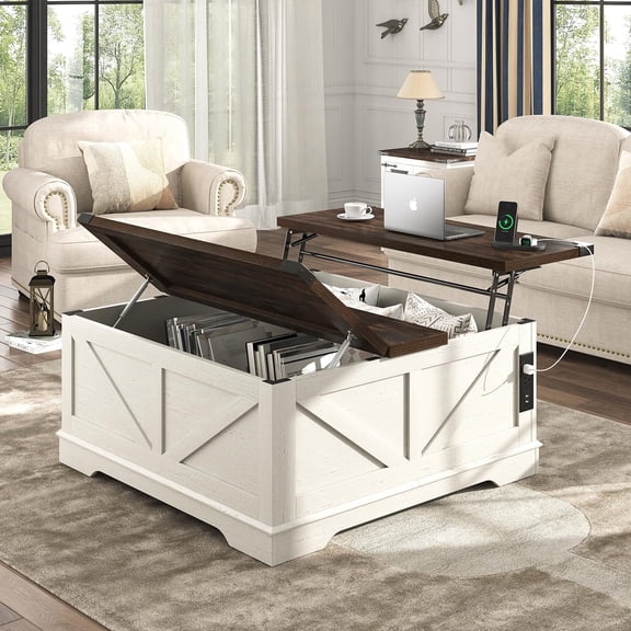 ANPOO 40” Large Square Lift Top Coffee Table with Power Outlets, Farmhouse Coffee Table w/Large Hidden Storage, Multi-Function Lift Wood Center Table for Home, Office,Rustic White