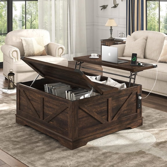 ANPOO 40” Large Square Lift Top Coffee Table with Power Outlets, Farmhouse Coffee Table w/Large Hidden Storage, Multi-Function Lift Wood Center Table for Home, Office,Rustic White