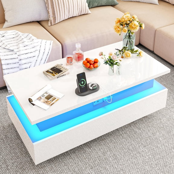 ANPOO 43.3" High-Glossy LED Coffee Table with 2 Sliding Drawers, Lift top Storage Coffee Table with Power Outlet and LED Lights for Living Room, Modern Stylish Double-Layer Center Tables, White