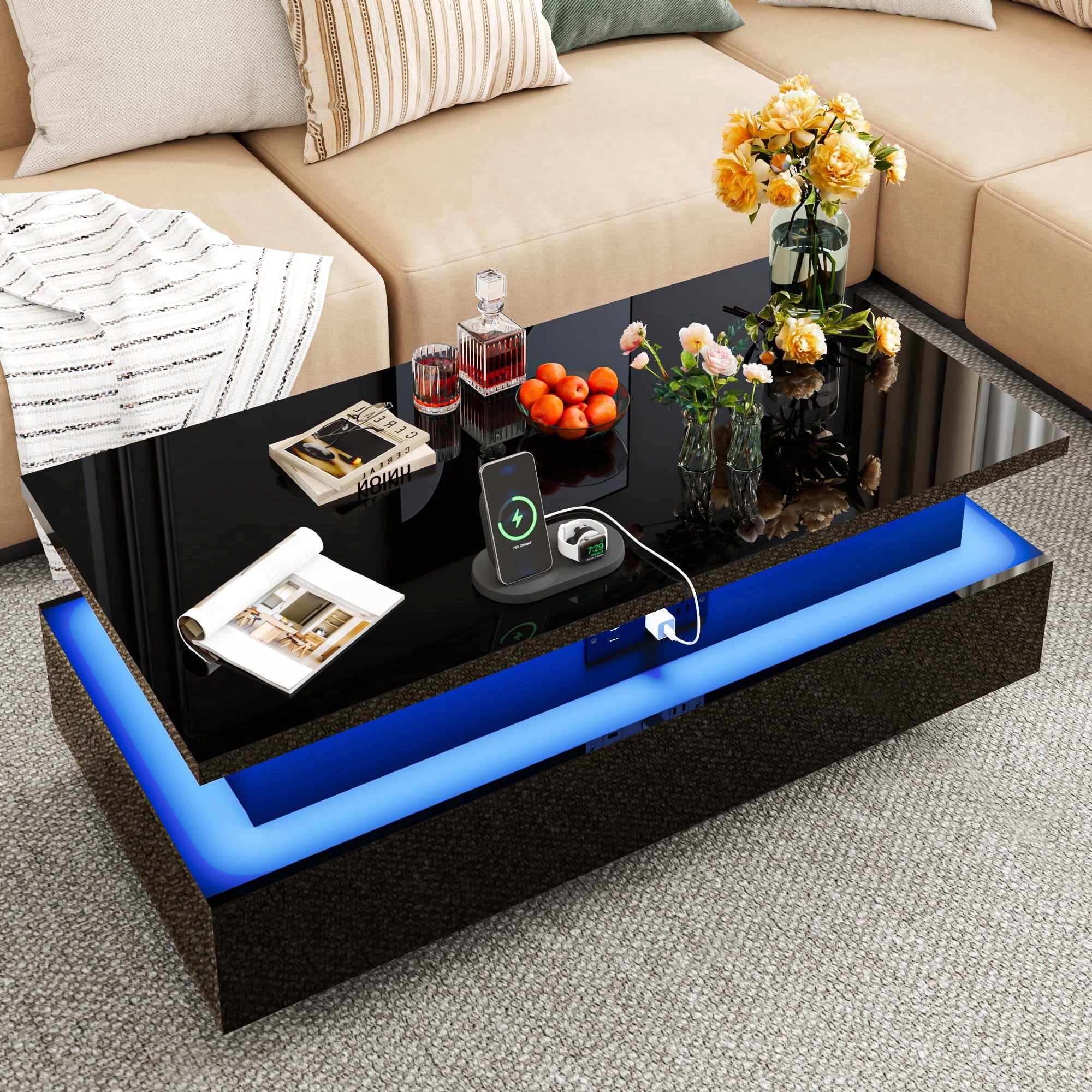 ANPOO 43.3" High-Glossy LED Coffee Table with 2 Sliding Drawers, Lift top Storage Coffee Table with Power Outlet and LED Lights for Living Room, Modern Stylish Double-Layer Center Tables, Black