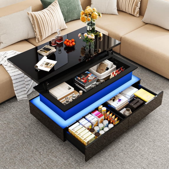 ANPOO 43" High Glossy Lift top LED Coffee Table with Power Outlet and 2 Storage Drawers, Living Room Rectangle Storage Coffee Tables, Modern Stylish Double-Layer Center Tables with LED Lights, Black