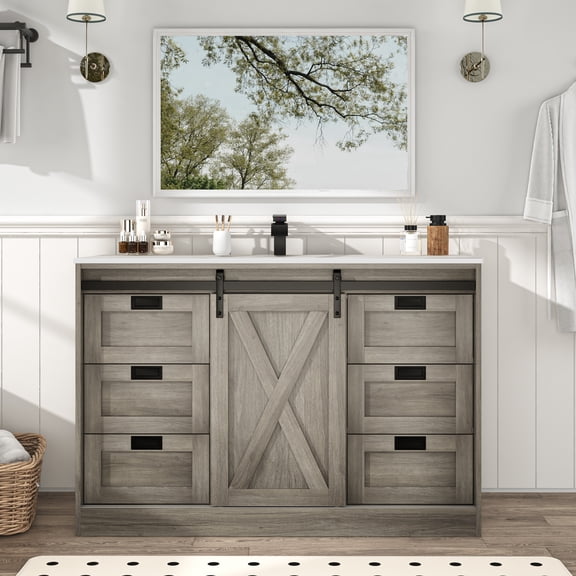 ANPOO 47" Farmhouse Bathroom Vanity with Sink Combo, Bathroom Storage Cabinet with Sliding Barn Door and 6 Drawers, Grey