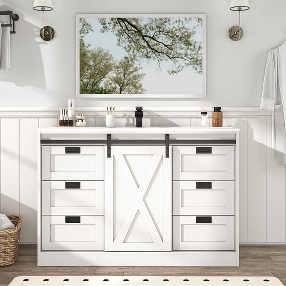ANPOO 47" Farmhouse Bathroom Vanity with Sink Combo, Bathroom Storage Cabinet with Sliding Barn Door and 6 Drawers, White
