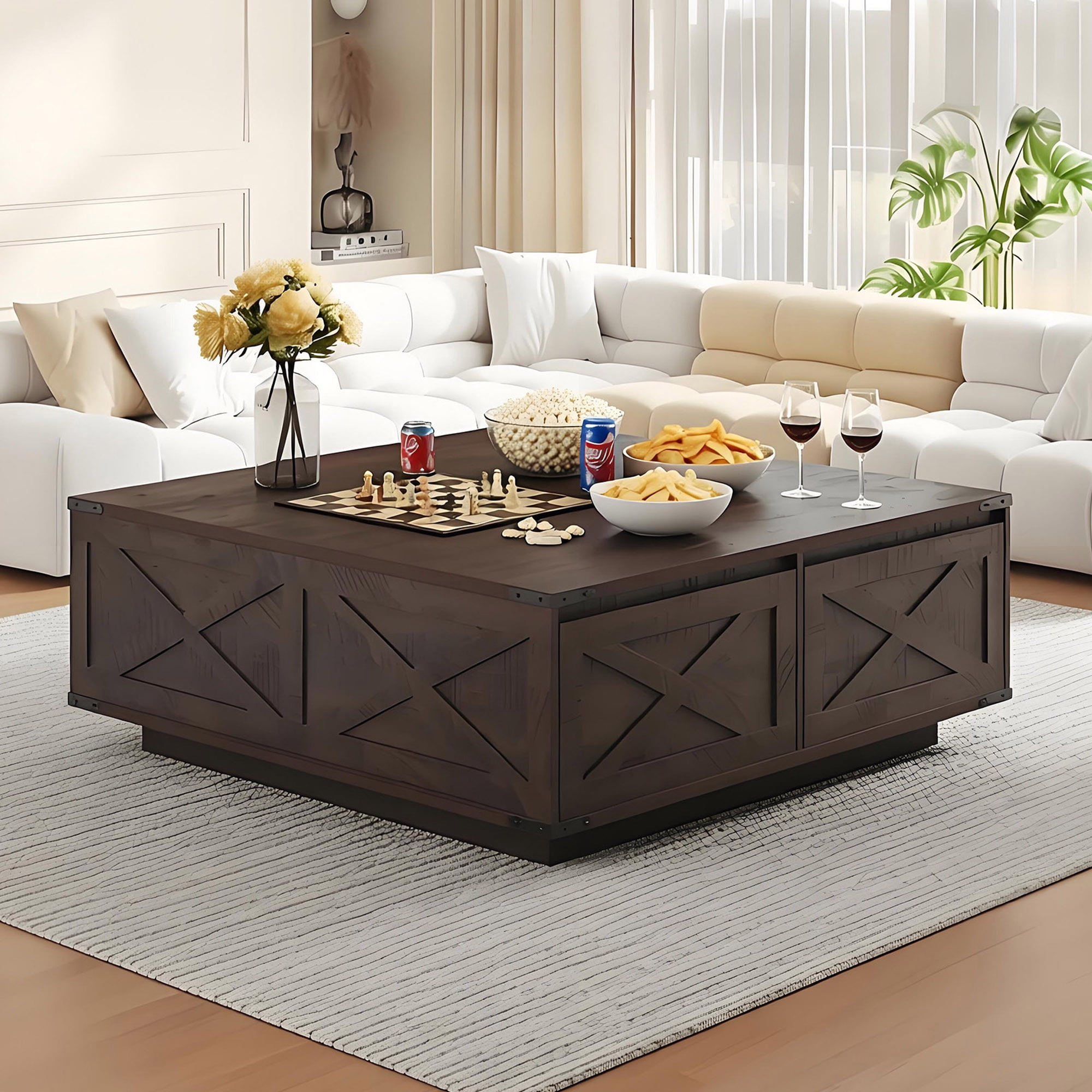 ANPOO 47" Large Square Coffee Table with 4 Storage Drawers, Rustic Farmhouse Coffee Tables Wood Center Table with Metal Corner Decor & Floating Base for Large Living Room