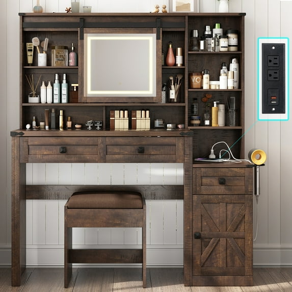 ANPOO 47'' Large Vanity Set with Stool, Farmhouse Makeup Vanity Desk with Sliding HD Mirror and Lights, Glass Tabletop Vanity Table with Charging Station, Barn Door Dressing Cabinets, Brown