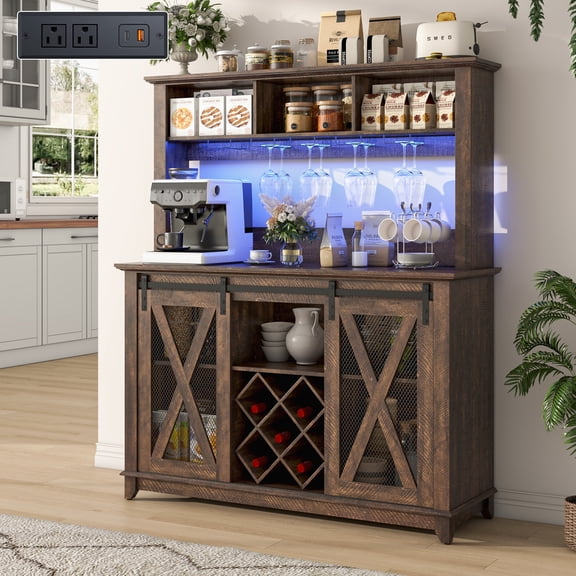 ANPOO 47"W Farmhouse Coffee Bar Cabinet Wine Rack and Storage, Tall Wine Bar Cabinet with 3 Tier Storage Hutch, Buffet Cabinet with LED Light and Glass Racks for Kitchen Dining Room
