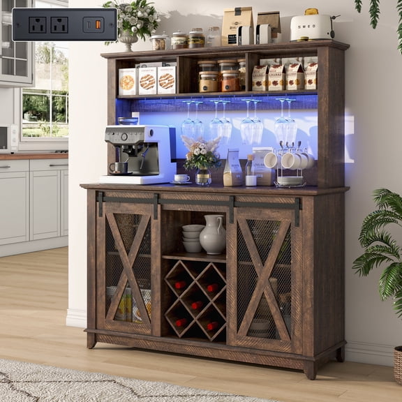 ANPOO 47"W Farmhouse Coffee Bar Cabinet Wine Rack and Storage, Tall Wine Bar Cabinet with 3 Tier Storage Hutch, Buffet Cabinet with LED Light and Glass Racks for Kitchen Dining Room