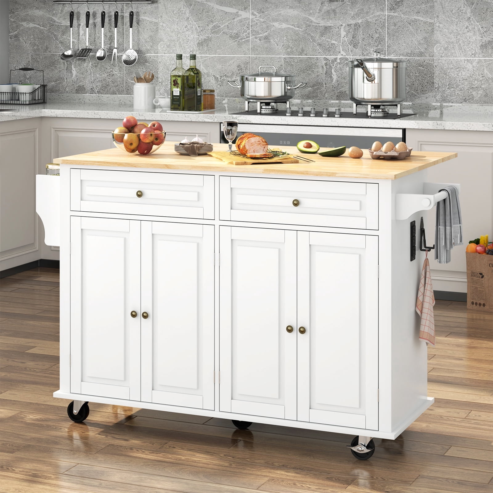 ANPOO 55" Movable Kitchen Island with Drop Leaf and Power Outlet, Rolling Kitchen Cart with Rubber wood Countertop, Island Table on Wheels for Kitchen w/2 Drawers, Spice Rack, Adjustable Shelves