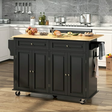 ANPOO 55" Movable Kitchen Island with Drop Leaf and Power Outlet, Rolling Kitchen Cart with Rubber wood Countertop, Island Table on Wheels for Kitchen w/2 Drawers, Spice Rack, Adjustable Shelves