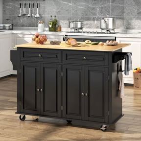 ANPOO 55" Movable Kitchen Island with Drop Leaf and Power Outlet, Rolling Kitchen Cart with Rubber wood Countertop, Island Table on Wheels for Kitchen w/2 Drawers, Spice Rack, Adjustable Shelves