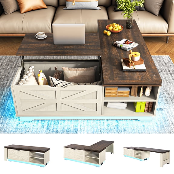 ANPOO 90°/180° Rotating Lift Top Coffee Table W/ LED Lights & Power Outlets, 57"-90" Extendable Farmhouse Coffee Table with Hidden Storage, L-Shaped Coffee Table for Living Room, Vintage White