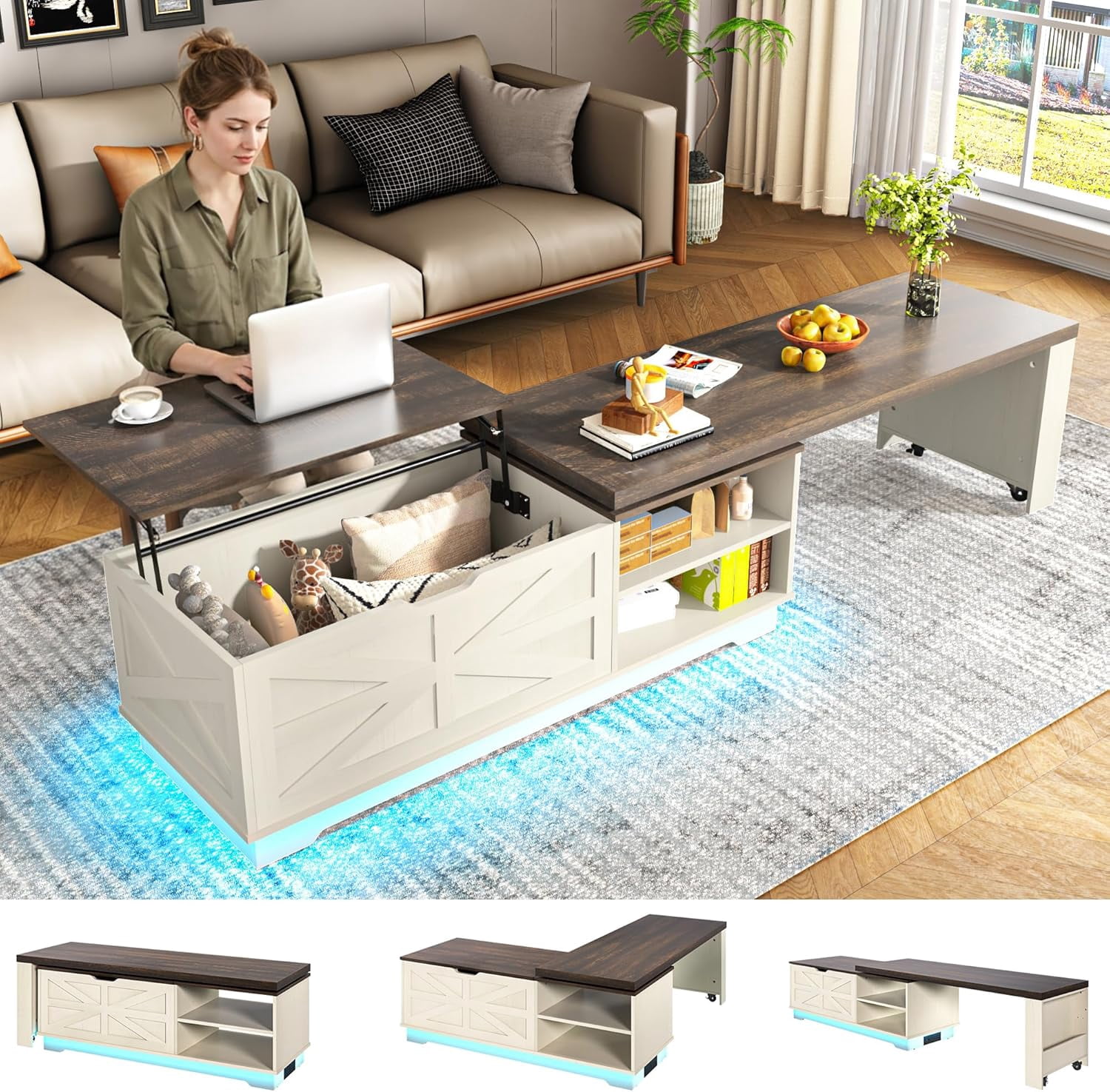 ANPOO 90°/180° Rotating Lift Top Coffee Table W/ LED Lights & Power Outlets, 57"-90" Extendable Farmhouse Coffee Table with Hidden Storage, L-Shaped Coffee Table for Living Room, Vintage White