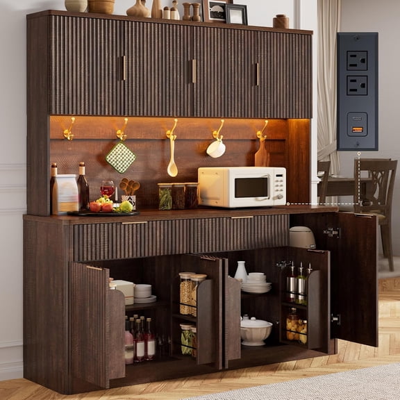 ANPOO 60" Wide Farmhouse Large Coffee Bar Cabinet with LED Light & Power Outlet, 72" Tall Kitchen Storage Hutch with 2 Drawers & 8 Doors for Dining Room