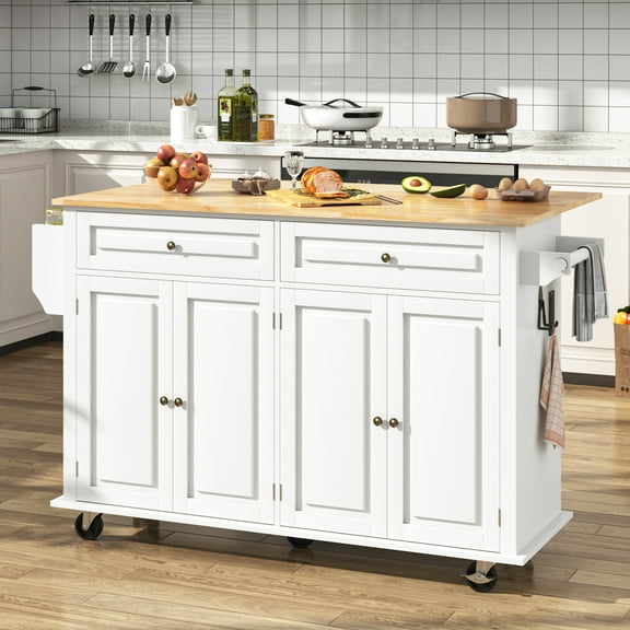 ANPOO 59.1" Movable Kitchen Island with Drop Leaf and Power Outlet, Rolling Kitchen Cart with Rubber wood Countertop, Island Table on Wheels for Kitchen w/2 Drawers, Spice Rack, Adjustable Shelves