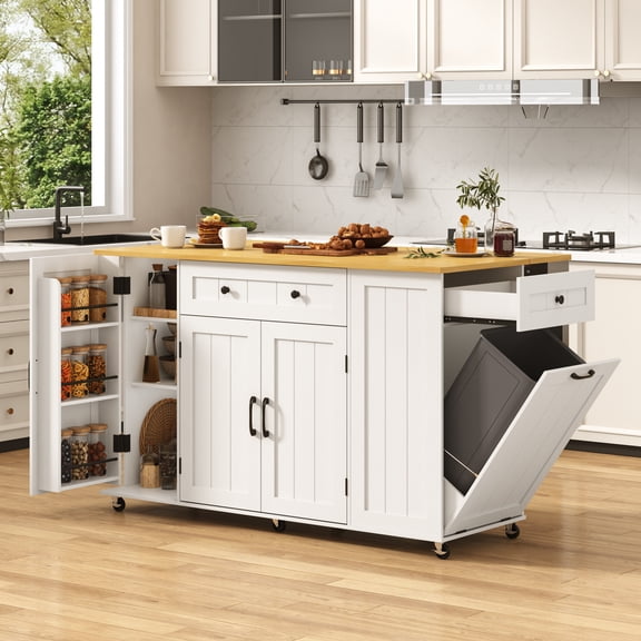 ANPOO 57'' Kitchen Island with Drop Leaf&Trash Can Storage, Mobile Rolling Cart with Large Capacity Storage Cabinet, 2 Drawer, Towel Rack, Spice Rack, Rubber wood Top, Lockable Casters, Power Outlet