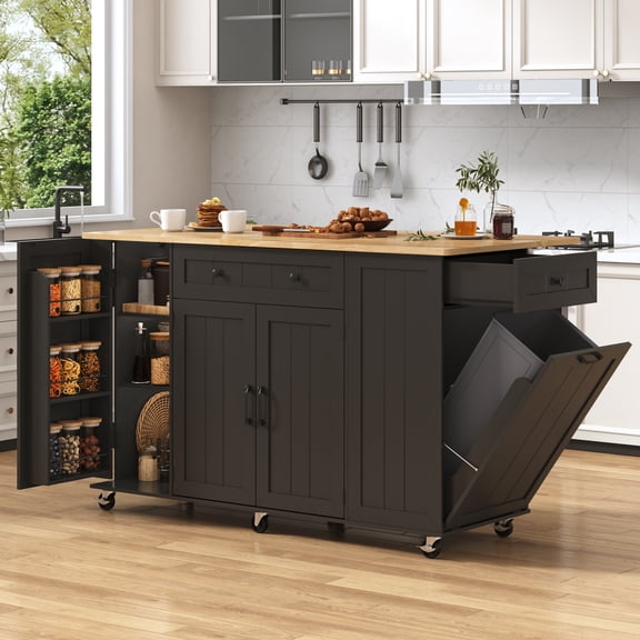 ANPOO 59'' Kitchen Island with Drop Leaf&Trash Can Storage, Mobile Rolling Cart with Large Capacity Storage Cabinet, 2 Drawer, Towel Rack, Spice Rack, Rubber wood Top, Lockable Casters, Power Outlet