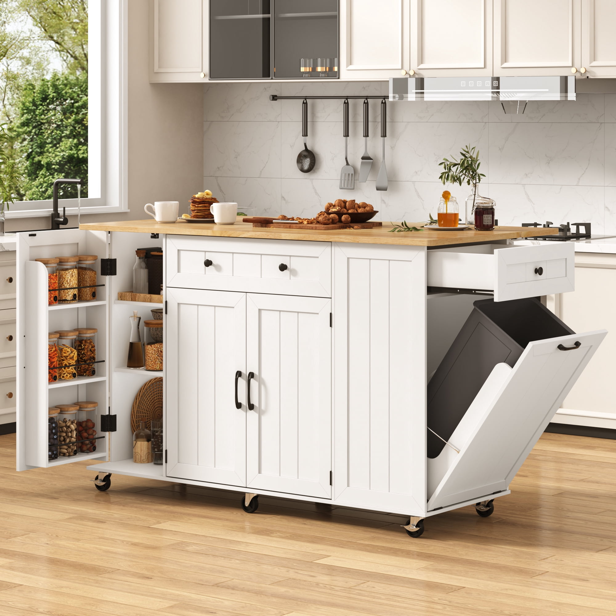 ANPOO 59'' Kitchen Island with Drop Leaf&Trash Can Storage, Mobile Rolling Cart with Large Capacity Storage Cabinet, 2 Drawer, Towel Rack, Spice Rack, Rubber wood Top, Lockable Casters, Power Outlet