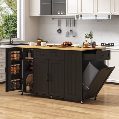 ANPOO 57'' Kitchen Island with Drop Leaf&Trash Can Storage, Mobile Rolling Cart with Large Capacity Storage Cabinet, 2 Drawer, Towel Rack, Spice Rack, Rubber wood Top, Lockable Casters, Power Outlet