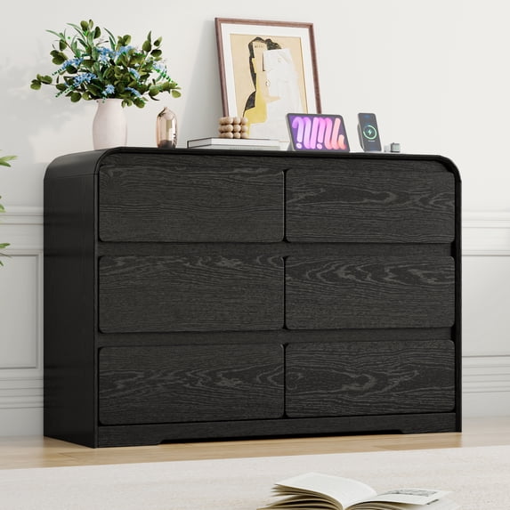 ANPOO 6 Drawers Dresser for Bedroom, 47.2"W Dressers & Chest of Drawers w/Power Outlet, Curved Design, Wood Mid Century Double Dresser, Natural Texture, for Bedroom, Hallway, Black