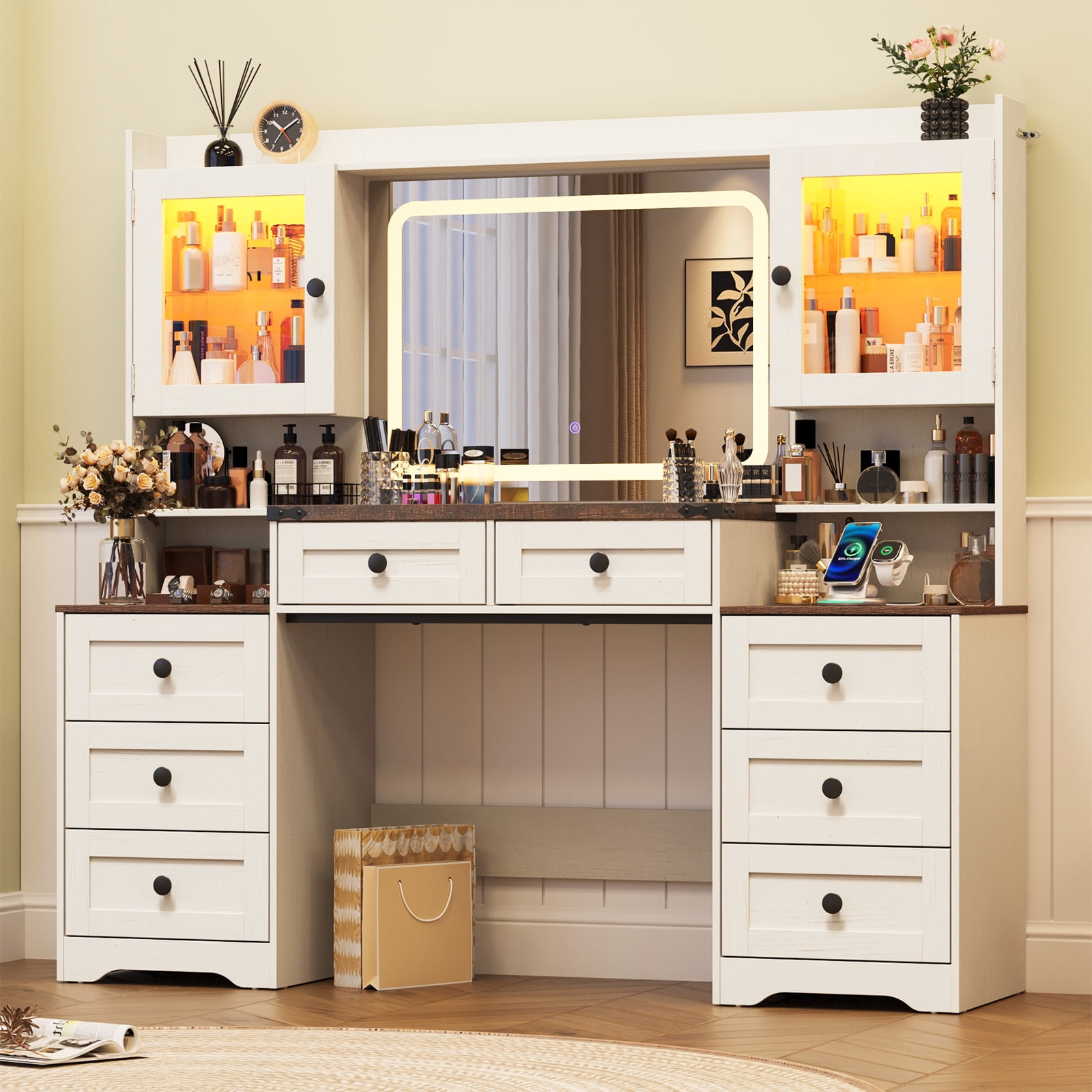 ANPOO 60" Large White Vanity Desk with LED Mirror, Farmhouse Makeup Vanity Table with Charging Station, Glass Top, 8 Drawers, 2 RGB Glass Cabinets, Wood Dressing Table for Bedroom