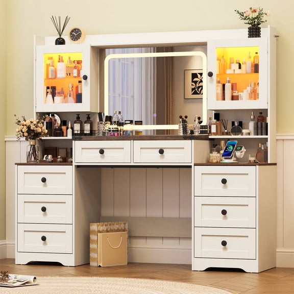 ANPOO 60" Farmhouse Vanity Desk with Outlet, Mirror Lights, Tempered Glass Top, Big Makeup Vanity Table with 2 RGB Glass Cabinets, 60000-color LED Lights, Wood Makeup Desk for Women, Girls, White