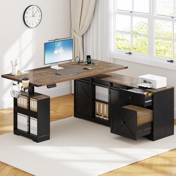 ANPOO 63" Large Farmhouse Electric Standing Desk Adjustable Height Sit Stand Corner Stand Desks, L Shaped Standing Computer Desk with Power Outlets & Storage Drawers & Sliding Door for Home Office