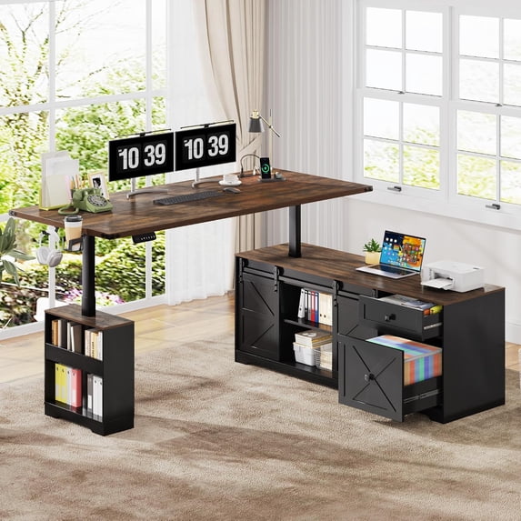 ANPOO 63" Farmhouse L Shaped Electric Standing Desk, Height Adjustable Corner Desk with Power Outlets, Storage Drawers and Adjustable Shelves, Standing Elegant Computer Desks for Home Office, Black