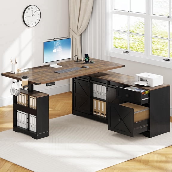 ANPOO 63" Farmhouse L Shaped Electric Standing Desk, Height Adjustable Corner Desk with Power Outlets, Storage Drawers and Adjustable Shelves, Standing Elegant Computer Desks for Home Office, Black