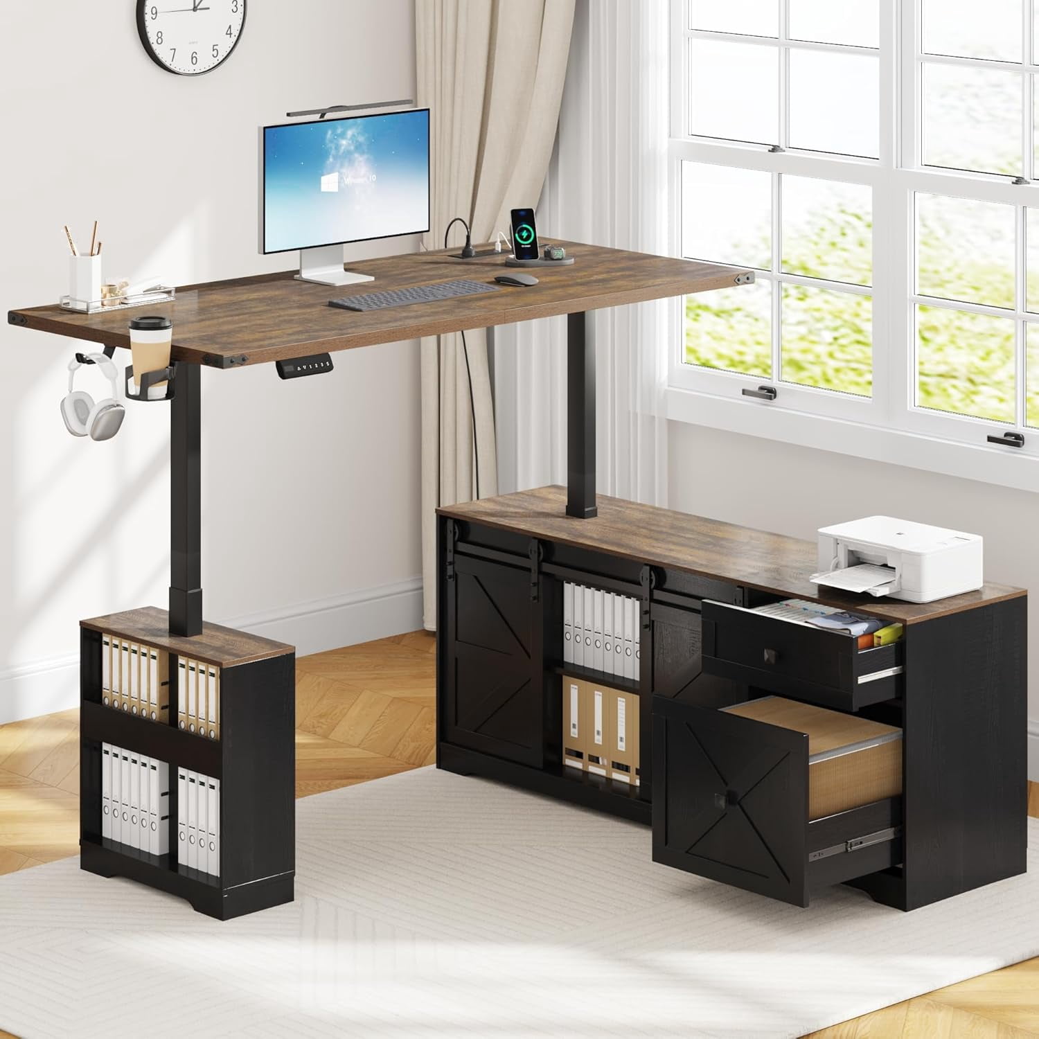 Power Rack Computer Desk ANPOO Farmhouse Electric Standing Desk with Storage and Power Outlets ...