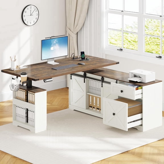 ANPOO 63" Farmhouse L Shaped Electric Standing Desk, Height Adjustable Corner Desk with Power Outlets, Storage Drawers and Adjustable Shelves, Standing Elegant Computer Desks for Home Office, White