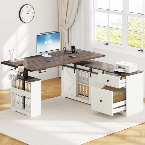 ANPOO 63" Farmhouse L Shaped Electric Standing Desk, Height Adjustable Corner Desk with Power Outlets, Storage Drawers and Adjustable Shelves, Standing Elegant Computer Desks for Home Office, White