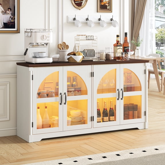 ANPOO 63'' LED Sideboard Buffet Cabinet with Storage, Modern Accent Cabinet with 4 Arched Glass Doors, Adjustable Shelves, Roman Column Design for Living Room, Dining Room, Entryway, Hallway