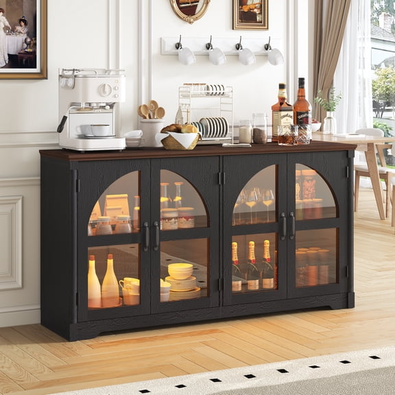 ANPOO 63'' LED Sideboard Buffet Cabinet with Storage, Modern Accent Cabinet with 4 Arched Glass Doors, Adjustable Shelves, Roman Column Design for Living Room, Dining Room, Entryway, Hallway