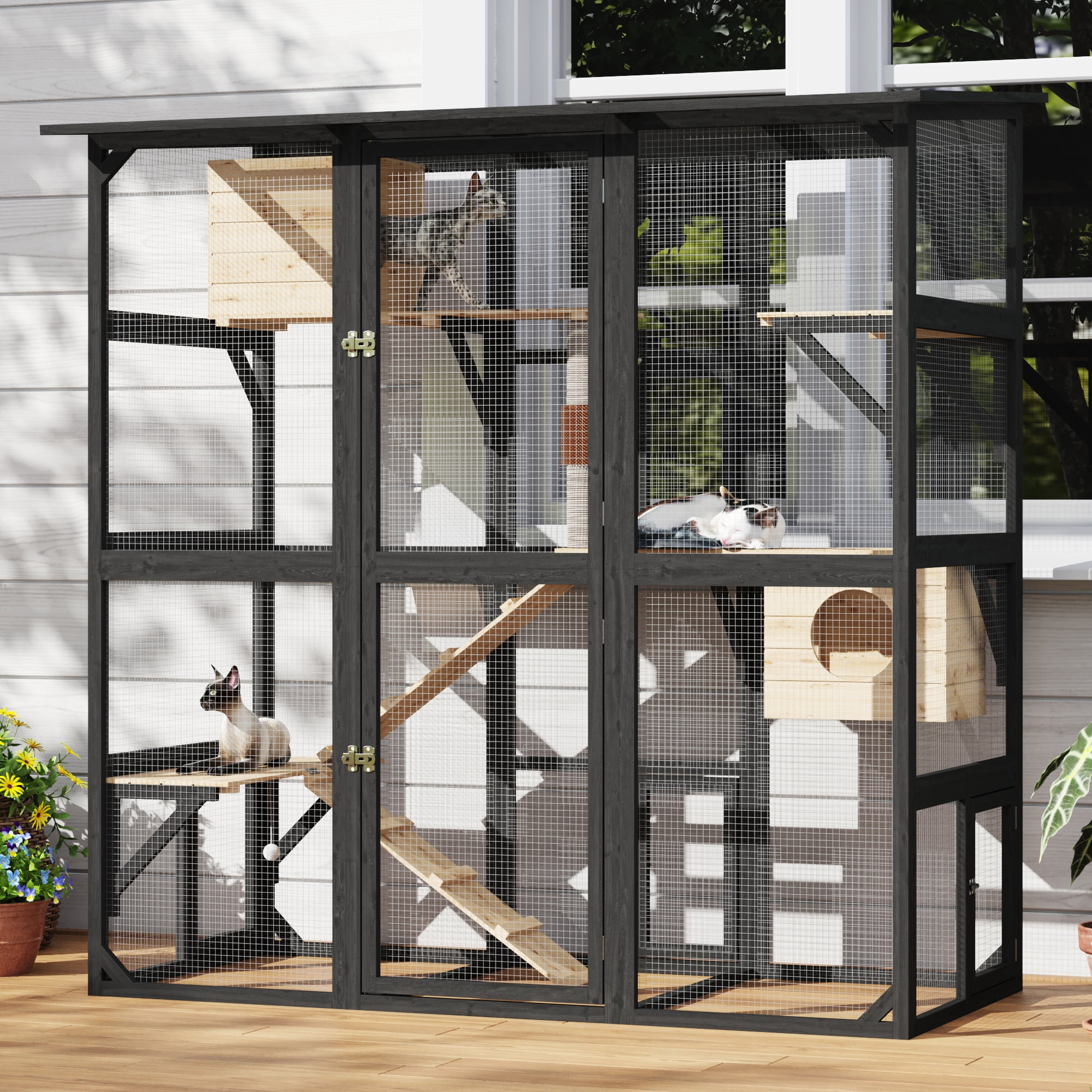 ANPOO 71''Luxury Walk-In Outdoor Catio, Large Wooden Cat Enclosure with Sloped Weatherproof Roof, Multi-Level Cat House with Cat Condo, Sisal Post & Ramps, Escape-Proof Cat Cage for Multiple Cats
