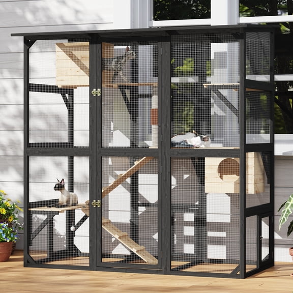 ANPOO 71''Luxury Walk-In Outdoor Catio, Large Wooden Cat Enclosure with Sloped Weatherproof Roof, Multi-Level Cat House with Cat Condo, Sisal Post & Ramps, Escape-Proof Cat Cage for Multiple Cats