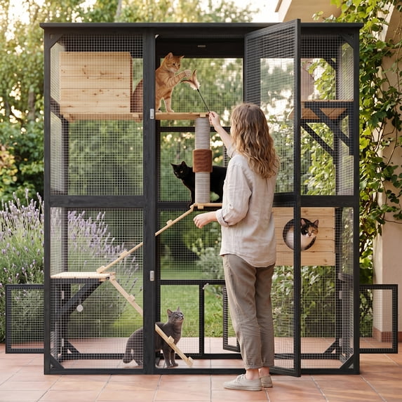 ANPOO 71''Luxury Walk-In Outdoor Catio, Large Wooden Cat Enclosure with Sloped Weatherproof Roof, Multi-Level Cat House with Cat Condo, Sisal Post & Ramps, Escape-Proof Cat Cage for Multiple Cats