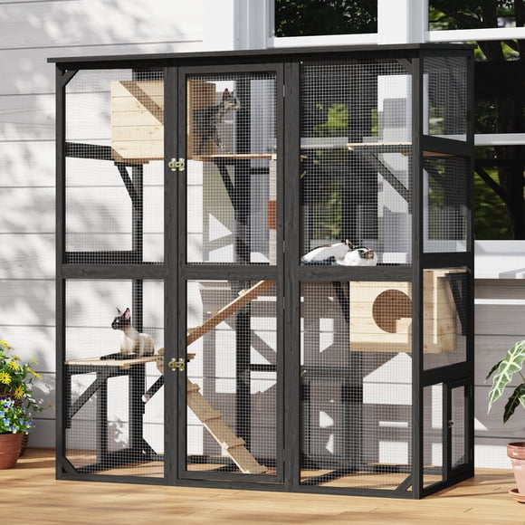 ANPOO 63''Luxury Walk-In Outdoor Catio, Large Wooden Cat Enclosure with Sloped Weatherproof Roof, Multi-Level Cat House with Cat Condo, Sisal Post & Ramps, Escape-Proof Cat Cage for Multiple Cats