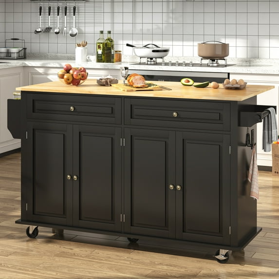 ANPOO 63" Movable Kitchen Island with Drop Leaf and Power Outlet, Rolling Kitchen Cart with Rubber wood Countertop, Island Table on Wheels for Kitchen w/2 Drawers, Spice Rack, Adjustable Shelves