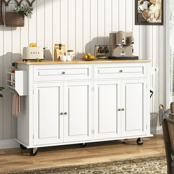 ANPOO 63" Movable Kitchen Island with Drop Leaf and Power Outlet, Rolling Kitchen Cart with Rubber wood Countertop, Island Table on Wheels for Kitchen w/2 Drawers, Spice Rack, Adjustable Shelves